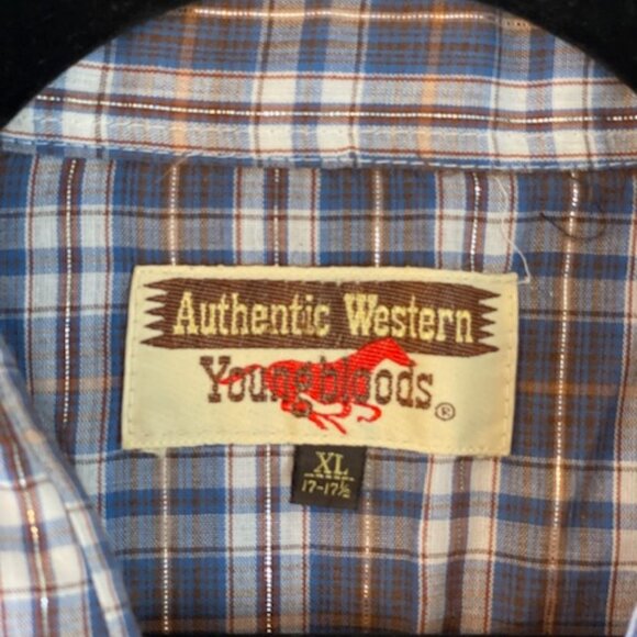 Vintage Pearl Snap Men's XL Navy Silver Plaid Western Youngbloods Long Sleeve - Picture 2 of 5